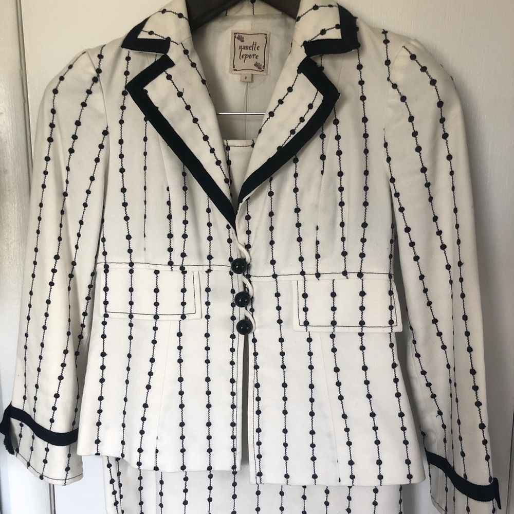 Navy Blue & White Polka Dotted Skirt Suit